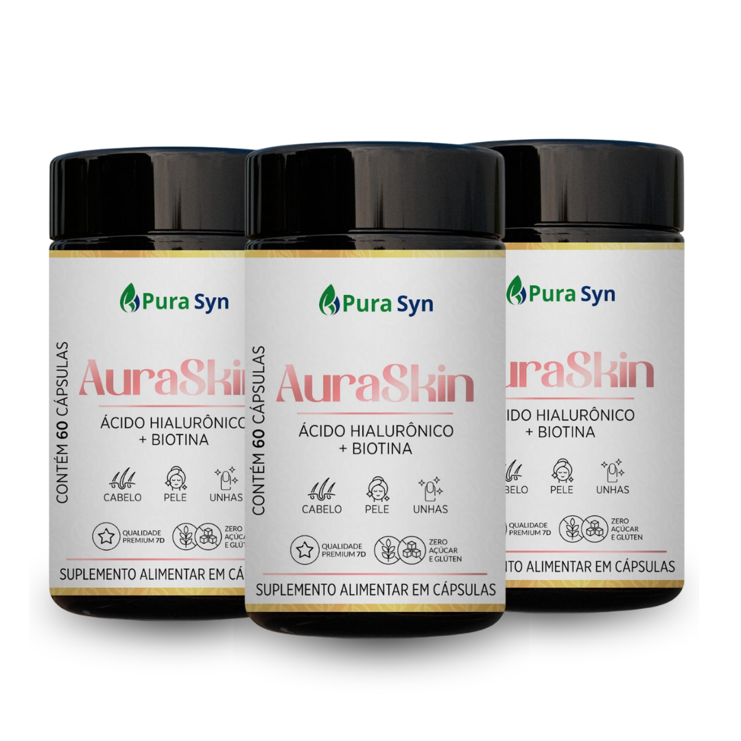 Kit com 3 Unidades Aura Skin Pura Syn – Crescimento Capilar, Pele Firme e Unhas Fortes